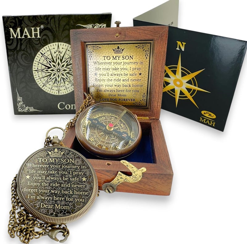 MAH Brass Compass Gift – to My Son Never Forget That I Love You, Sentimental Keepsake Gift from Mom Dad & Grandparents for Graduation, Baptism, Confirmation, Communion, Birthday, Back to School Best Gift - Image 1